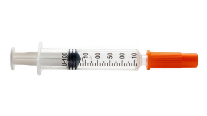 Clear plastic syringe with orange cap and png isolated transparent background black markings on black background