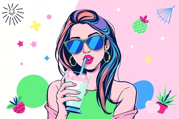 Playful Cartoon Girl With Fun Objects | Colorful Modern Flat Vector Illustration