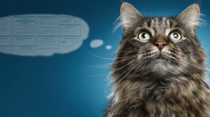 Imaginative cat with a thought bubble above its head conveying a sense of curiosity and playfulness