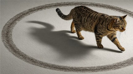 Energetic cat walking in a circle with a focused expression, displaying playfulness and movement