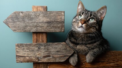 Cat poised on a rustic wooden sign contemplating its next move in a strategic pivot towards new directions