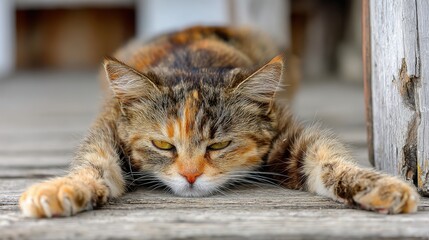 A relaxed cat laying on the ground, stretching comfortably in a sunlit spot, enjoying a micro break from playtime