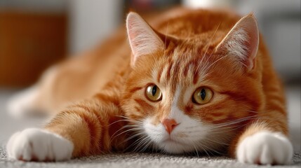 A relaxed cat laying on the floor, indulging in a moment of leisure while enjoying its cozy indoor environment