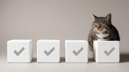 Cat sitting proudly on a block of white blocks symbolizing achievements and milestones in its playful world