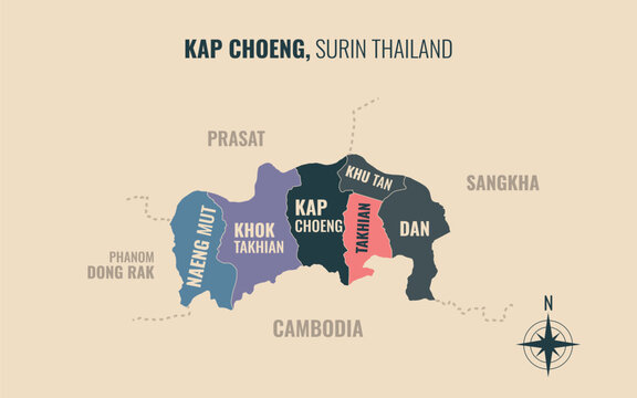 Map showing Kap Choeng District Surin Thailand divided into sub districts with minimalist colorful patterns