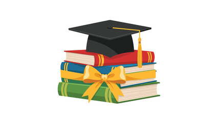 Stack of colorful books adorned with a golden ribbon, topped with a graduation cap, symbolizing education, achievement, and learning.
