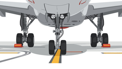 Close-up view of an airplane's landing gear on the tarmac, highlighting aviation engineering and pre-flight readiness.