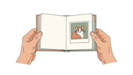 Hands gently holding an open book displaying a charming polaroid photograph of a cute cat, evoking feelings of nostalgia and memories.