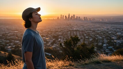 Young Male Gazing at Sunset Over City Skyline in California, Captivating Perspective on Nature and Urban Life