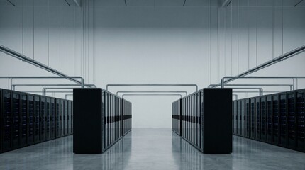 Modern Clean Server Room Corridor with Blue Data Lights and Copy Space