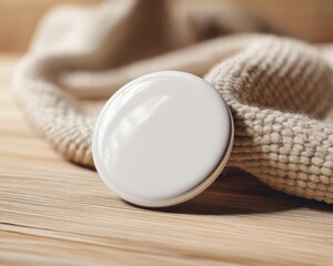 Blank white circular tracking device mockup resting on soft beige knitted fabric over a light wooden surface ready for custom branding or logo placement design concepts