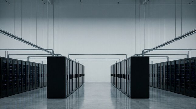 Modern Clean Server Room Corridor with Blue Data Lights and Copy Space - Powered by Adobe