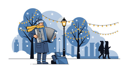 Man playing an accordion in a snowy winter park, illuminated by festive Christmas lights, with people strolling in the background.