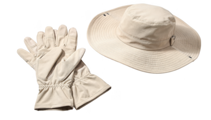 Single pair of UVprotective gloves and widebrim cap isolated on white highlighting sunsafe gear for gardeners and city commuters alike.