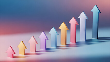 A 3d colorful arrows pointing upwards on a pastel colored background with a glowing effect