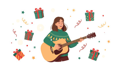 Joyful woman playing an acoustic guitar, surrounded by festive Christmas gifts and colorful confetti, celebrating the holiday season.