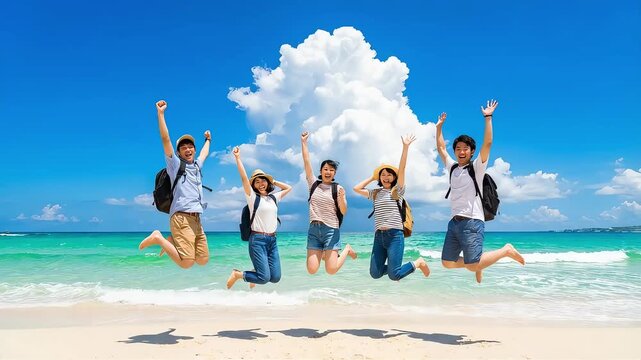 南国のリゾートビーチで友情を分かち合う、快晴の下での喜びのジャンプシーン