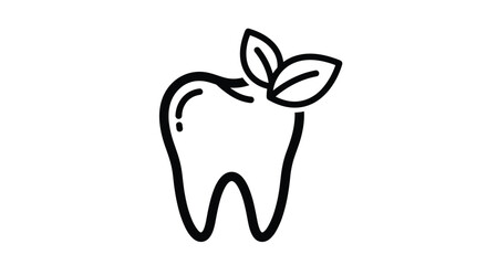 Simple black outline icon of a human tooth with two small leaves attached symbolizing natural dental care and oral health hygiene.