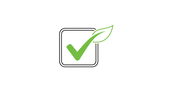 Green check mark with a small leaf detail inside a rounded square frame signifying ecological approval and environmentally friendly products.