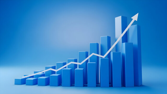 A 3d bar graph with a white arrow showing growth on a blue background with a glowing effect - Powered by Adobe