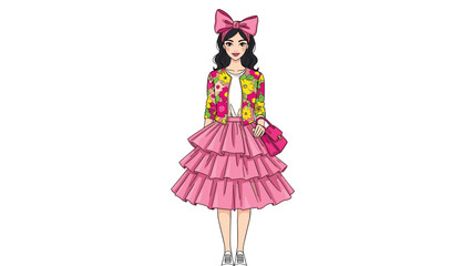 Fashion illustration of a stylish woman in a vibrant, frilly pink skirt, floral jacket, and large pink bow, showcasing cute feminine style.