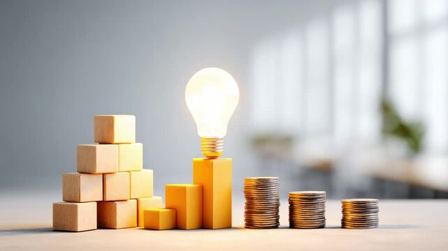 Visualizing Growth: A Conceptual Representation of Ideas, Innovation, and Financial Progress with Blocks, Coins, and a Lit Light Bulb in a Bright Environment