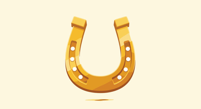Shiny golden horseshoe with white holes floating against a soft cream background as a classic symbol of luck and good fortune.