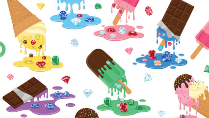 Seamless pattern of melting desserts like ice cream, chocolate bars, and popsicles, adorned with colorful gems and sprinkles.