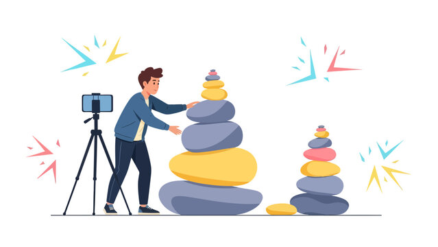 Man Stacking Rocks Live Streaming Balance And Mindfulness Social Media Influence