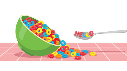 Colorful cereal spilling from a bowl onto a checkered tablecloth, with "HELLO" spelled out by cereal pieces on a spoon.