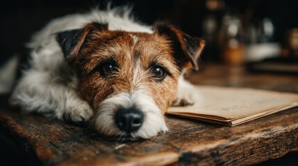 A friendly dog laying on a table in a cozy home office setting highlighting the importance of companionship while working