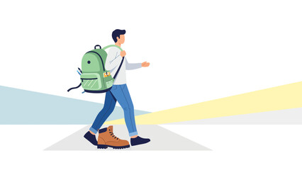 Fototapeta premium Man Traveling With Backpack Walking Alone On Geometric Minimalist Background