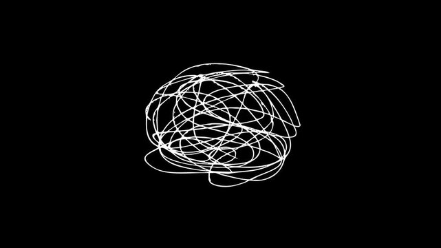 Abstract white tangled line drawing on black background representing complexity confusion and brainstorming concepts for creative motion graphics and cinematic video projects.
