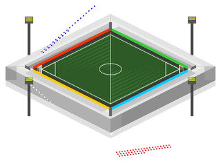 Soccer field layout with colorful boundary lines and lights for evening games in a modern stadium © Антон Сальников