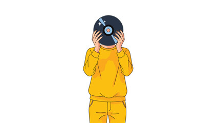 Person in vibrant yellow clothing holding a sparkling vinyl record over their face, symbolizing music, mystery, and artistic identity.