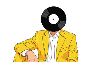 Abstract person in a vibrant yellow suit with a vinyl record replacing their head, symbolizing music, art, and creative expression.