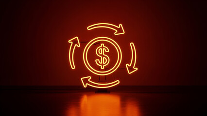 Neon dollar sign with circular arrows indicating currency exchange or financial transactions in a modern setting