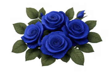Blue roses bouquet illustrating mystery and elegance, a delicate floral arrangement with green leaves, transparent background