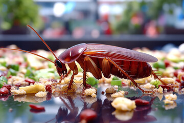 Brown Cockroach Crawling Over Food Crumbs on Floor