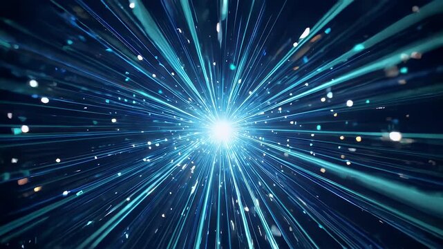 A vibrant abstract composition, radiating energy from a central point. Glowing beams of light stretch outward, creating a dynamic visual