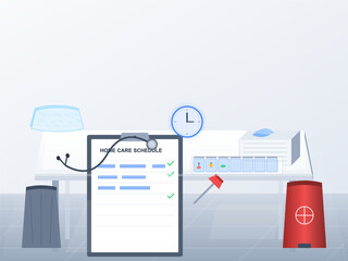 Home care schedule is displayed on a clipboard in an office setting with a clock and medical supplies arranged neatly on a table
