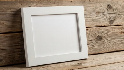 White Picture Frame on Wooden Background.