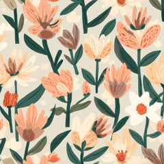 A seamless repeating floral pattern with simple flat flowers, modern minimal style, soft pastel color palette, clean edges, perfect for fabric and wallpaper design