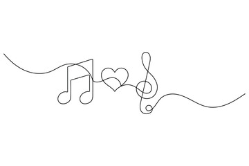 Hand drawn one line treble clef and musical note for romantic design projects