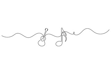 Continuous one line drawing of a guitar and music note on a white background