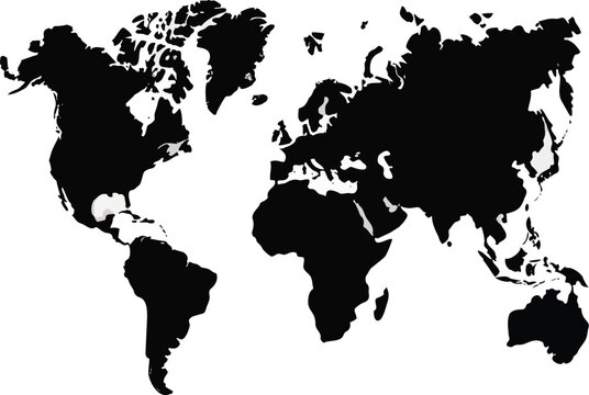 Minimalist black silhouette world map showing all continents on white background