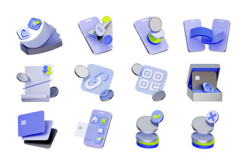 3D icon set of mobile payment and credit card including smartphone transaction, QR code scanning, digital receipt, and online shopping.