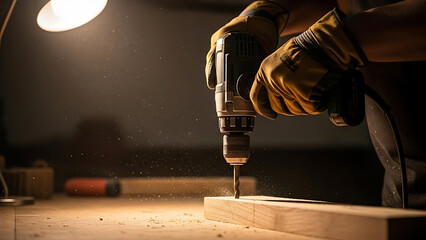 Woodworking Drill Action on Wooden Plank