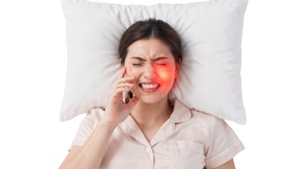 Overhead view of a female resting on white bedding with a visible jaw clench illuminated cheek area symbolizing teeth grinding pain set against a clean white backdrop.