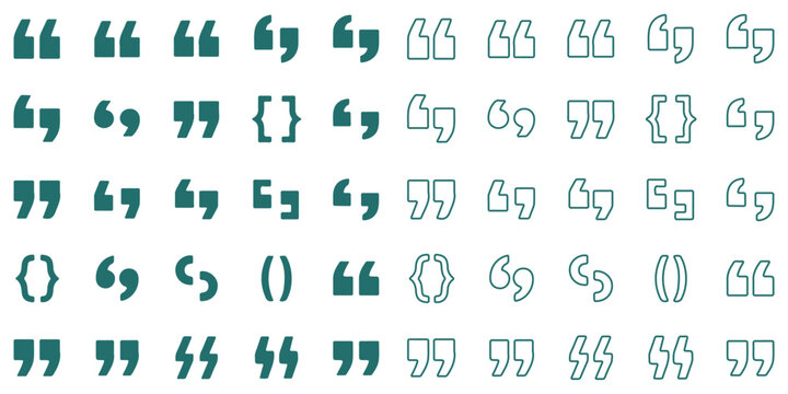 Quotation marks icon set, double quote symbol vector illustration, black quote icons in line and flat style, discussion and dialog remark signs, open and close quote symbols, vector graphic speech set - Powered by Adobe